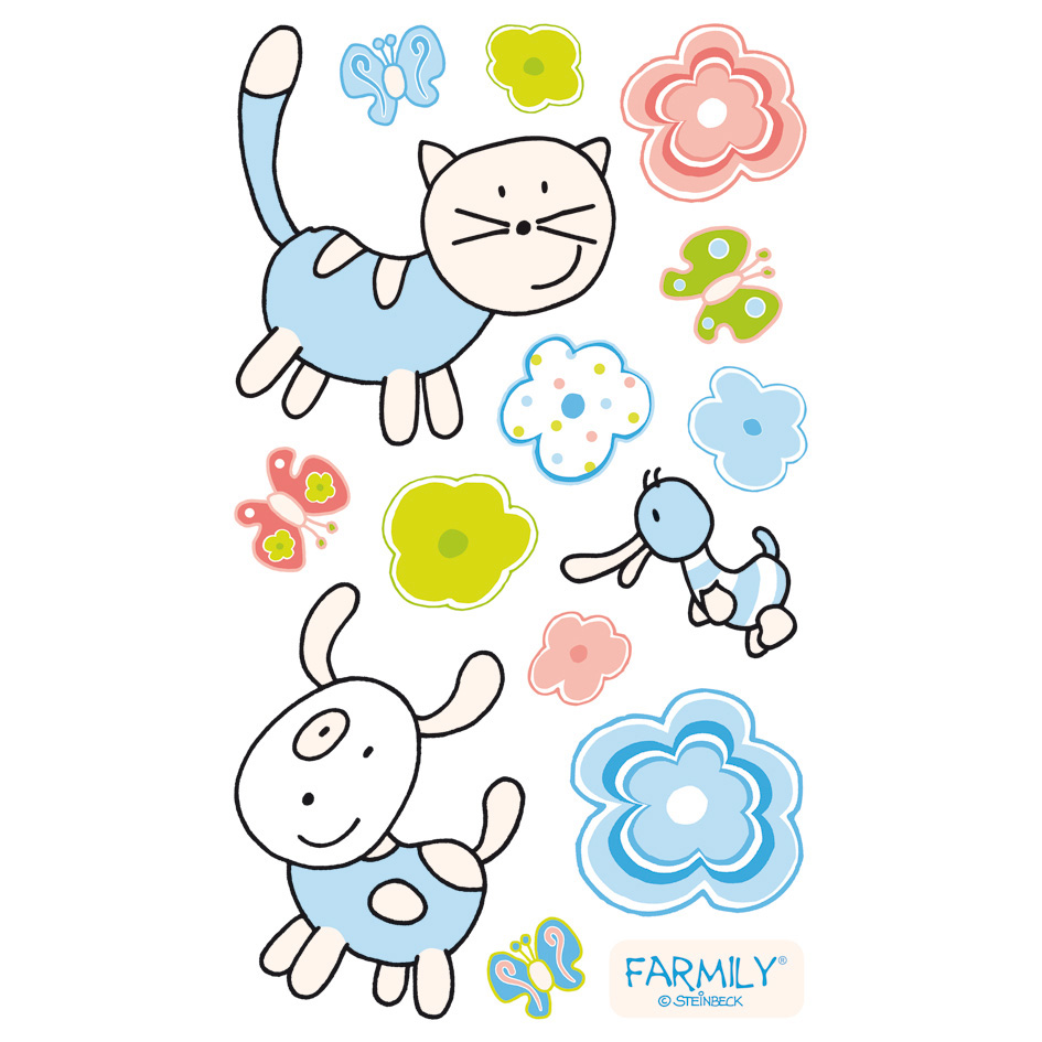 Dinico Sticker-Sortiment Farmily, Katze und Hund mit kleinem Entchen, umgeben von Blumen und Schmetterlingen