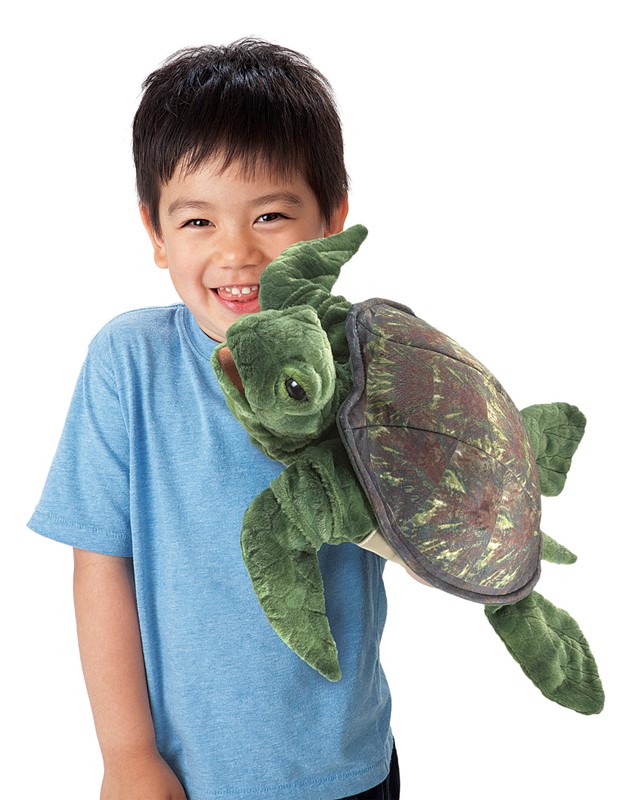 Boy holding a Folkmanis sea turtle hand puppet with a green plush head and patterned shell toward the camera