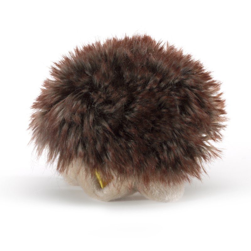 Folkmanis Fingerpuppe mini Igel von hinten, kompakt eingerollte Haltung mit braun-schwarzem Stachelplüsch und hellem Bauch.