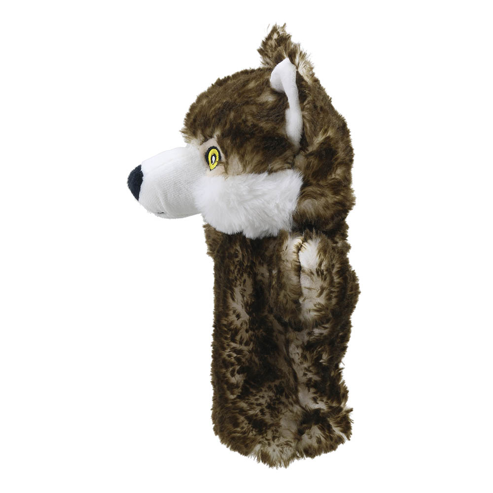 The Puppet Company Baby-Handpuppe Wolf, grau-brauner Wolf mit weißer Schnauze, Seitenansicht