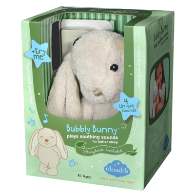 Cloud b Einschlafhilfe Bubbly Bunny, Verpackung mit Hasen-Kuscheltier und Hinweis auf 4 Klänge