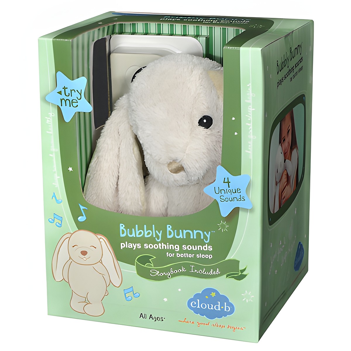 Cloud b Einschlafhilfe Bubbly Bunny, Verpackung mit Hasen-Kuscheltier und Hinweis auf 4 Klänge