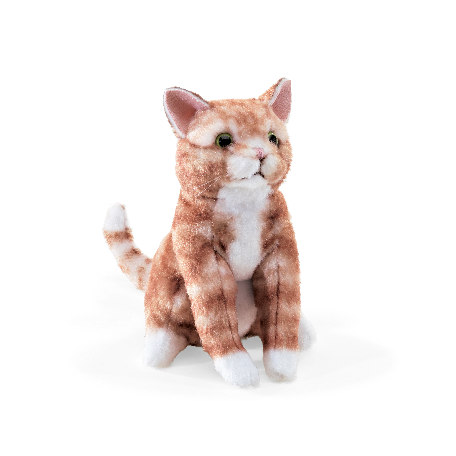 Folkmanis Fingerpuppe mini Kätzchen in orange-weiß getigert, sitzend mit grünen Augen, Frontalansicht