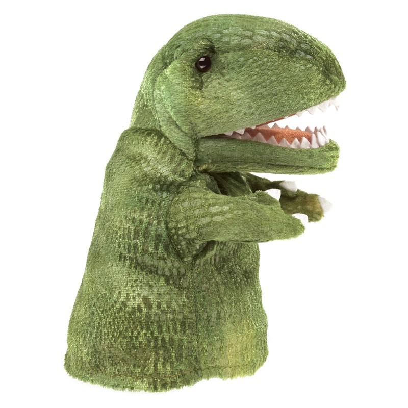 Folkmanis Handpuppe kleiner T-Rex in Grün mit geöffnetem Maul und sichtbaren Zähnen, Seitenansicht