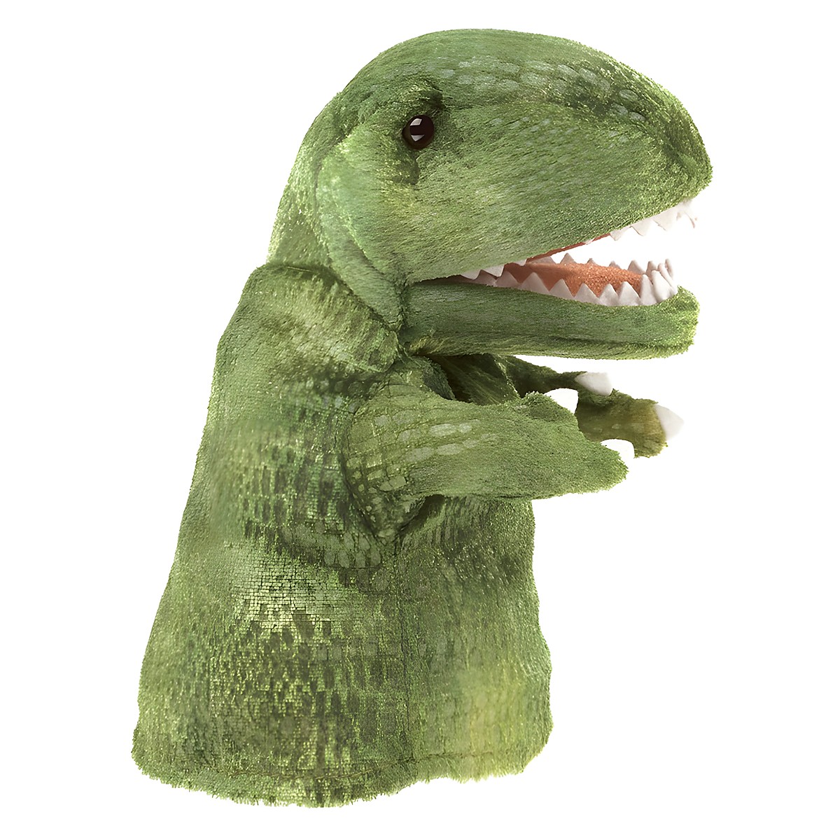 Folkmanis Handpuppe kleiner T-Rex in Grün mit geöffnetem Maul und sichtbaren Zähnen, Seitenansicht
