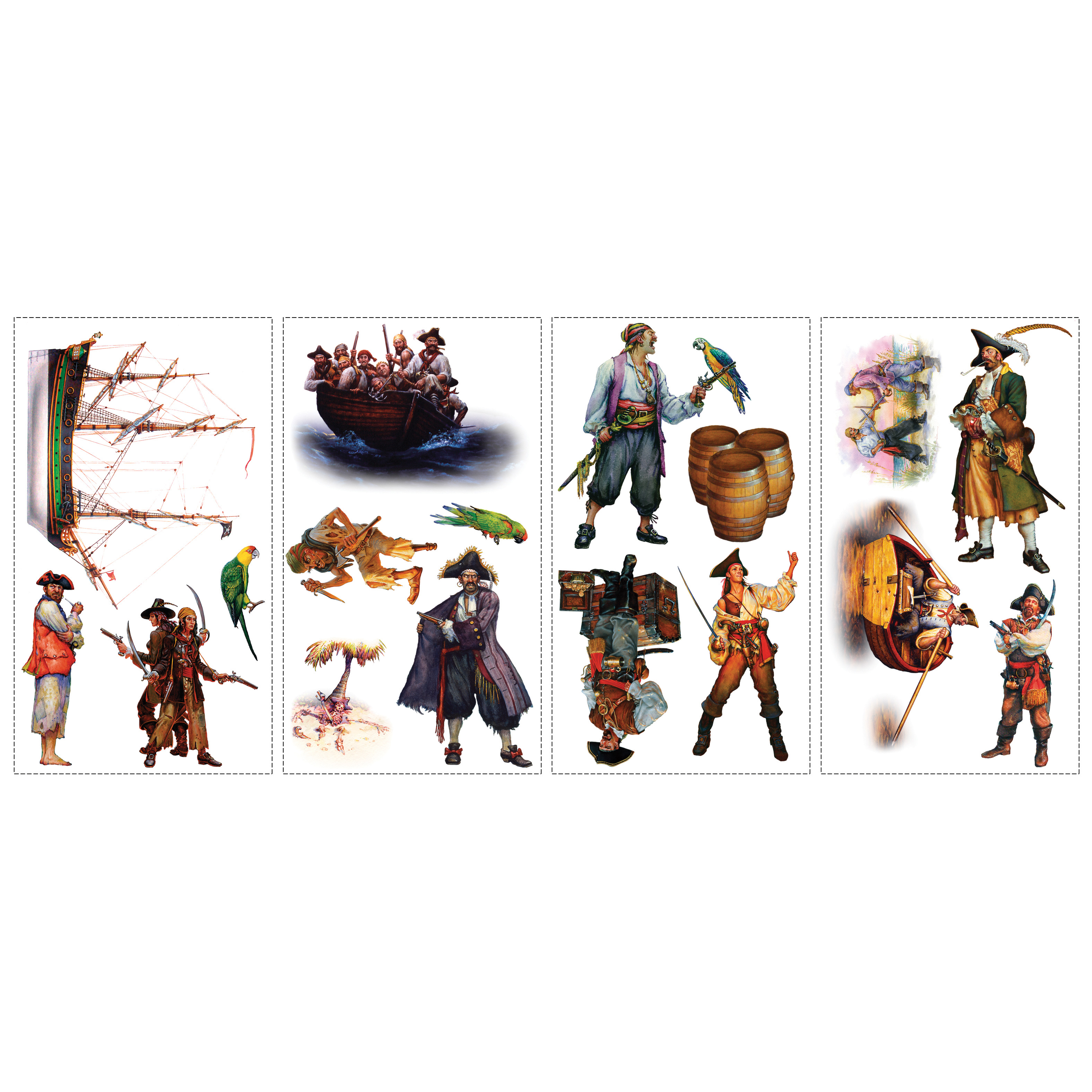 RoomMates wall decal Pirates, four decal sheets with historically illustrated pirate characters, a sailing ship and rowing boat on a white background