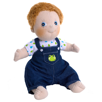 Rubens Kids doll Jonathan with denim dungarees with frog applique and dotted shirt