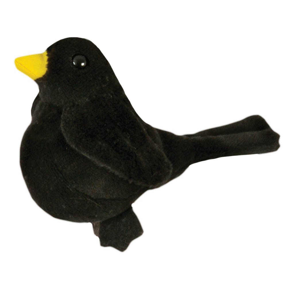 The Puppet Company garden bird finger puppet blackbird, black bird with a yellow beak, side view