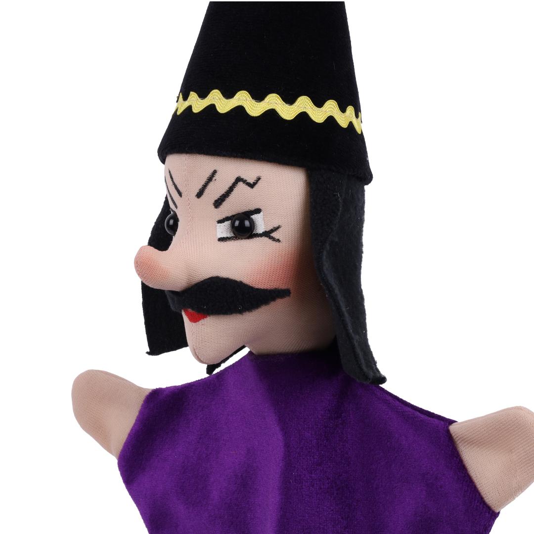 Kasperlepuppe Magier von munabo, Nahaufnahme des Gesichts mit schrägen Augenbrauen und Schnurrbart.