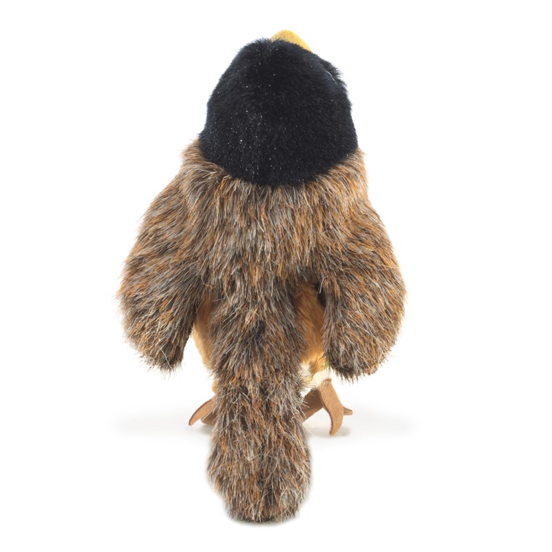 Folkmanis mini robin finger puppet seen from behind with a black head, brown-speckled plumage and bird claws