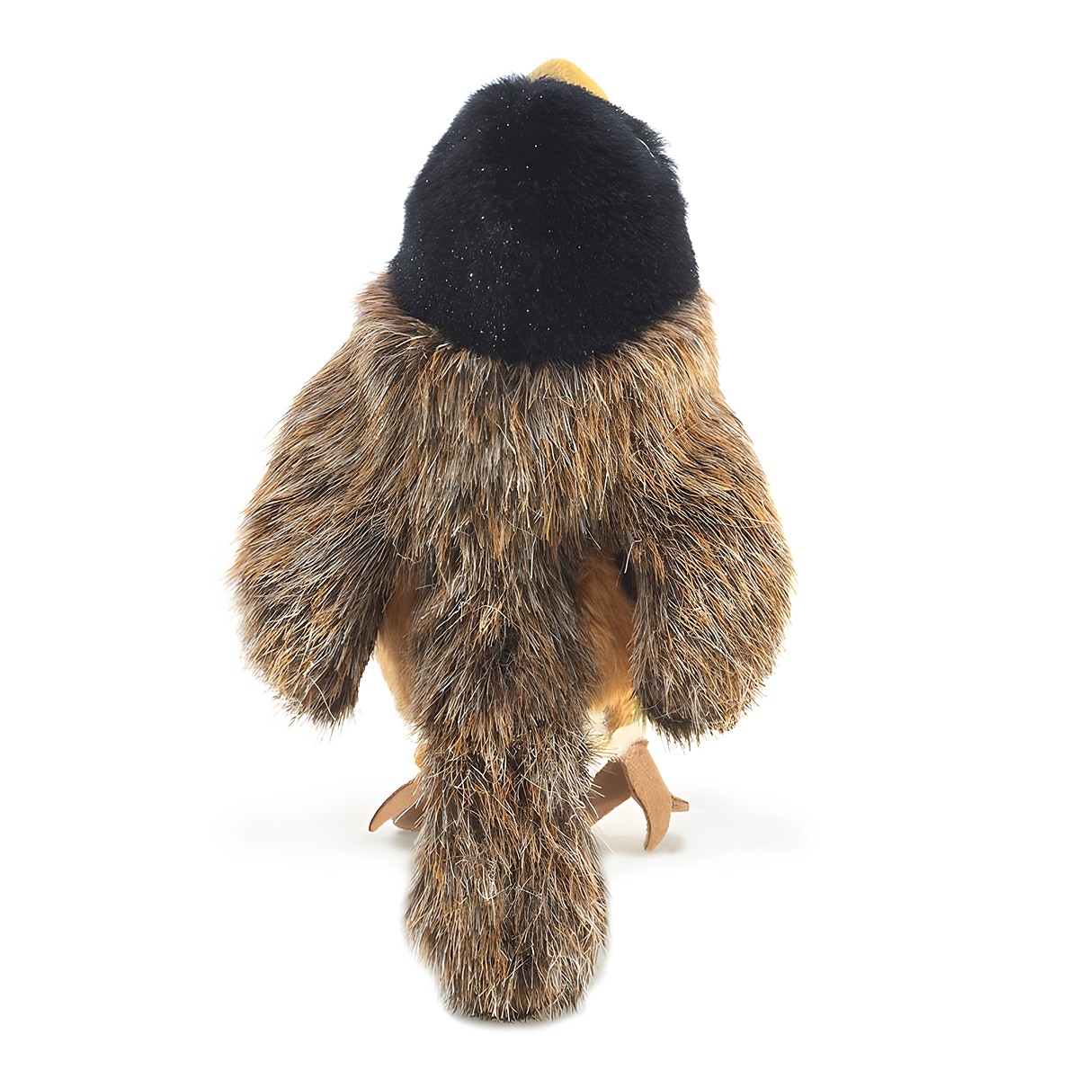 Folkmanis mini robin finger puppet seen from behind with a black head, brown-speckled plumage and bird claws