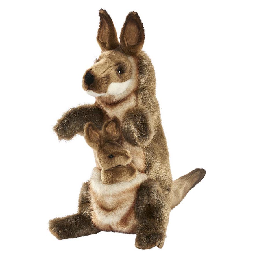 Känguru Handpuppe von Hansa Creation mit graubraunem Fell und Jungtier im Beutel