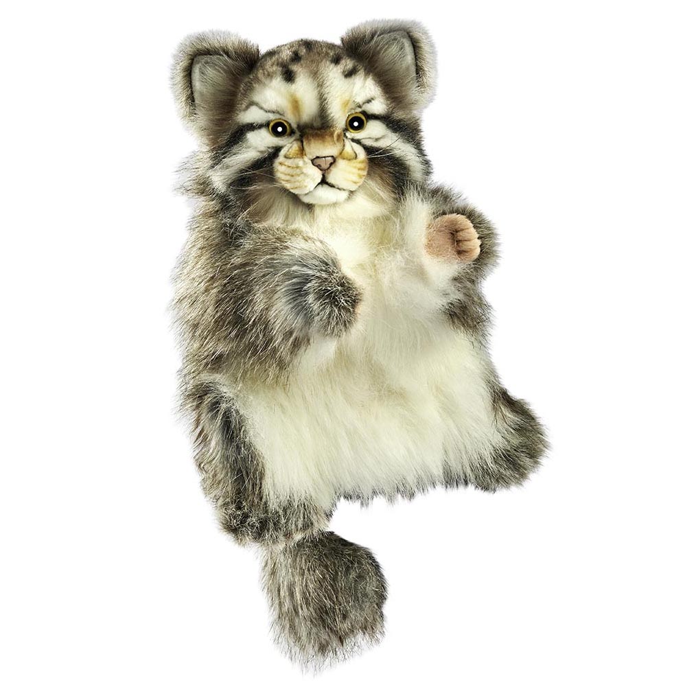 Pallas-Katze Handpuppe von Hansa Creation mit dicht flauschigem grau gestreiftem Fell