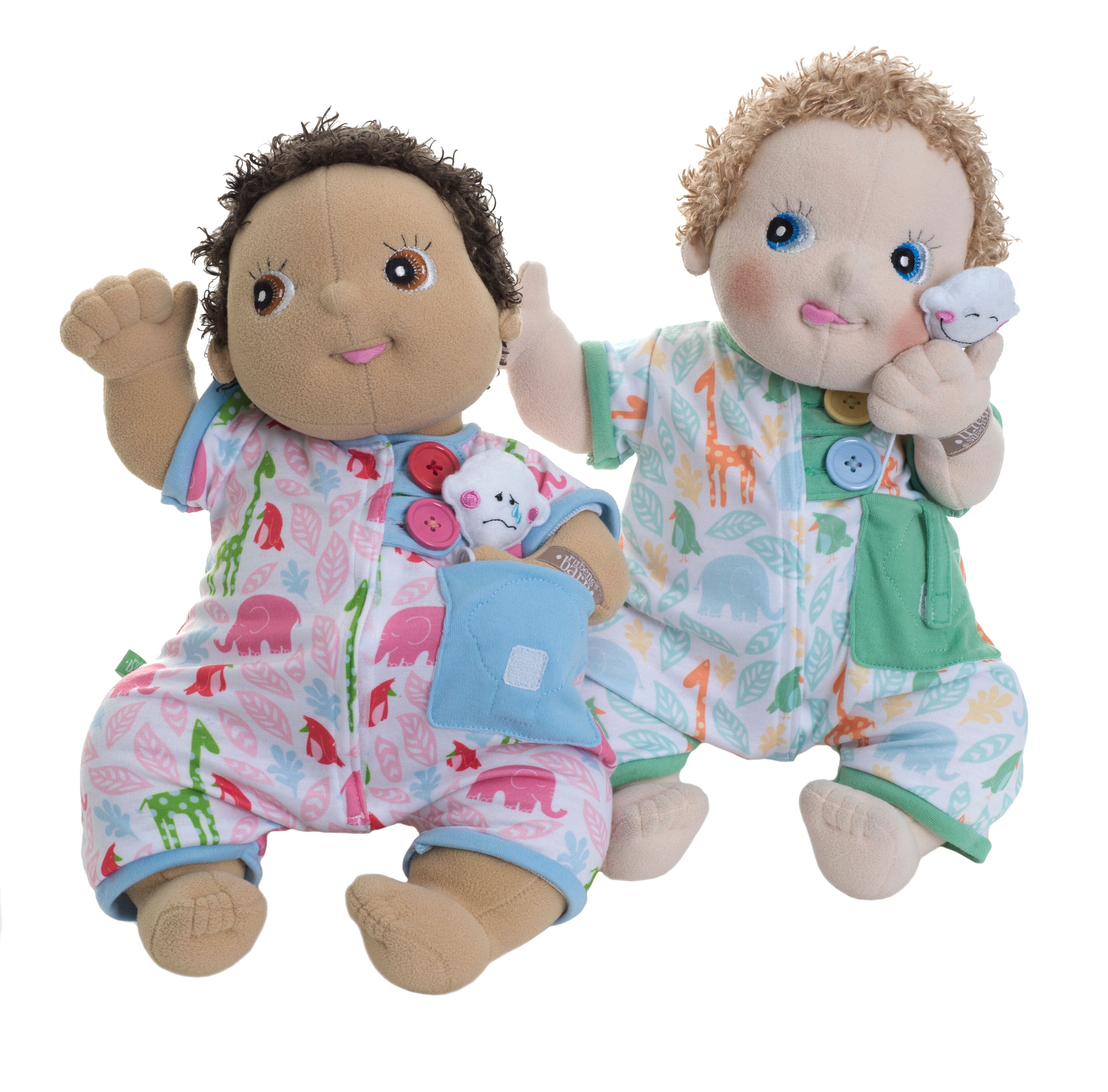 Rubens Barn dolls in the Pocket Friends pyjamas in pink and green with pocket animals