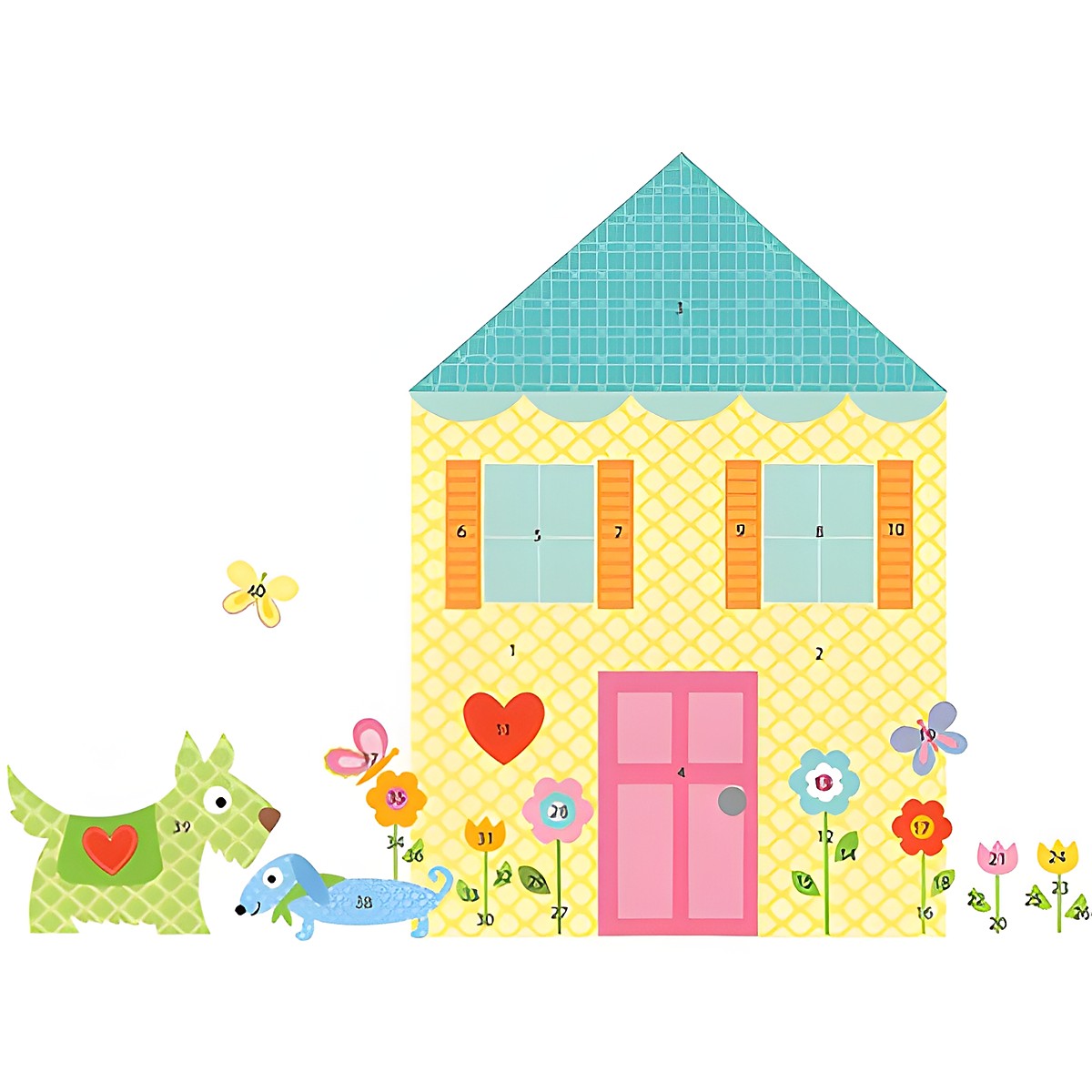 RoomMates wall decal Play House, yellow dollhouse motif with numbered parts, dogs and butterflies, isolated on a white background