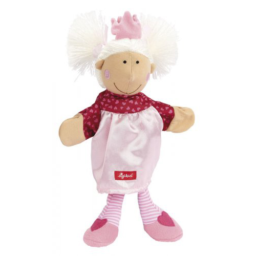 sigikid hand puppet princess, fabric doll with white pigtails, a pink dress, a red bow and heart-print shoes