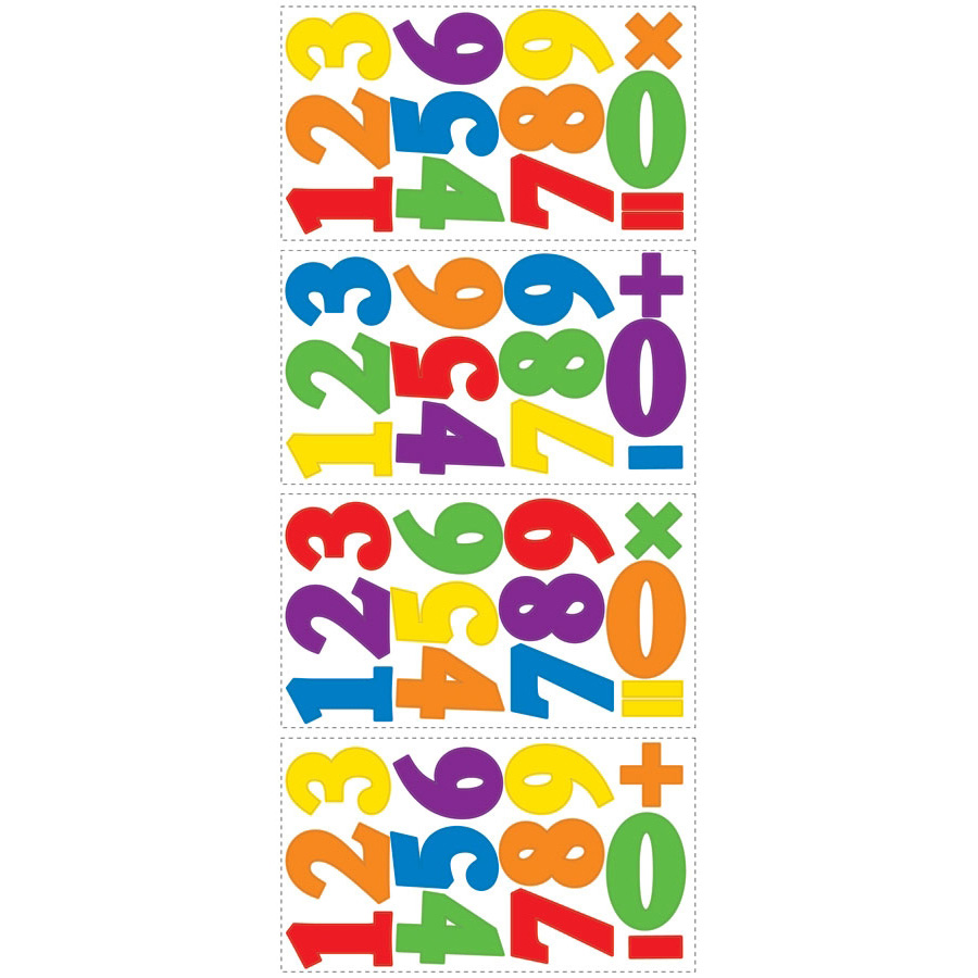RoomMates wall decal Colourful Numbers, four decal sheets with colourful numbers and maths symbols on a white background