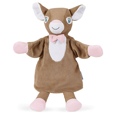 Sterntaler baby hand puppet fawn, brown fur with a white chest, pink paws and a pink bow at the neck