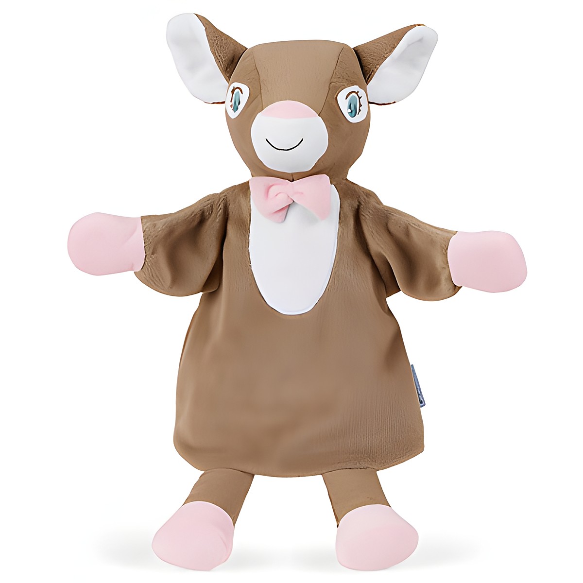 Sterntaler Baby-Handpuppe Reh, braunes Fell mit weißer Brust, rosa Pfoten und rosa Schleife am Hals