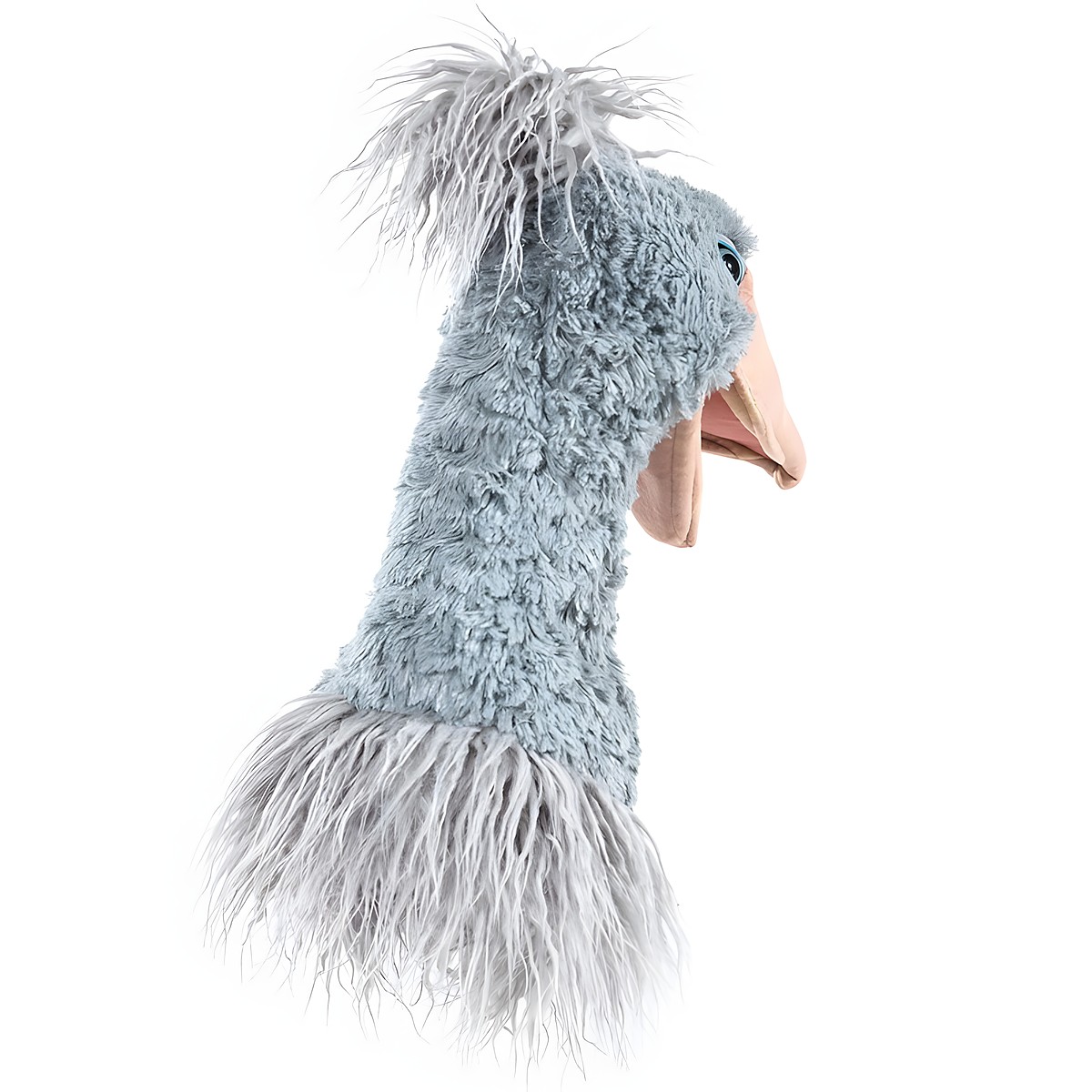 Folkmanis Handpuppe Schuhschnabel in Seitenansicht: grau-blaueses Plüschgefieder, langer Hals, geöffneter rosafarbener Schnabel