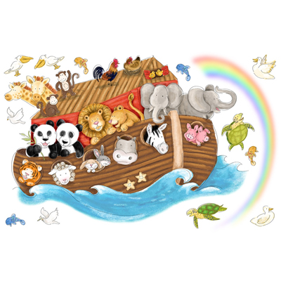 RoomMates Wandbild Noah's Ark, Arche mit Tierpaaren und Regenbogen freigestellt auf weißem Untergrund