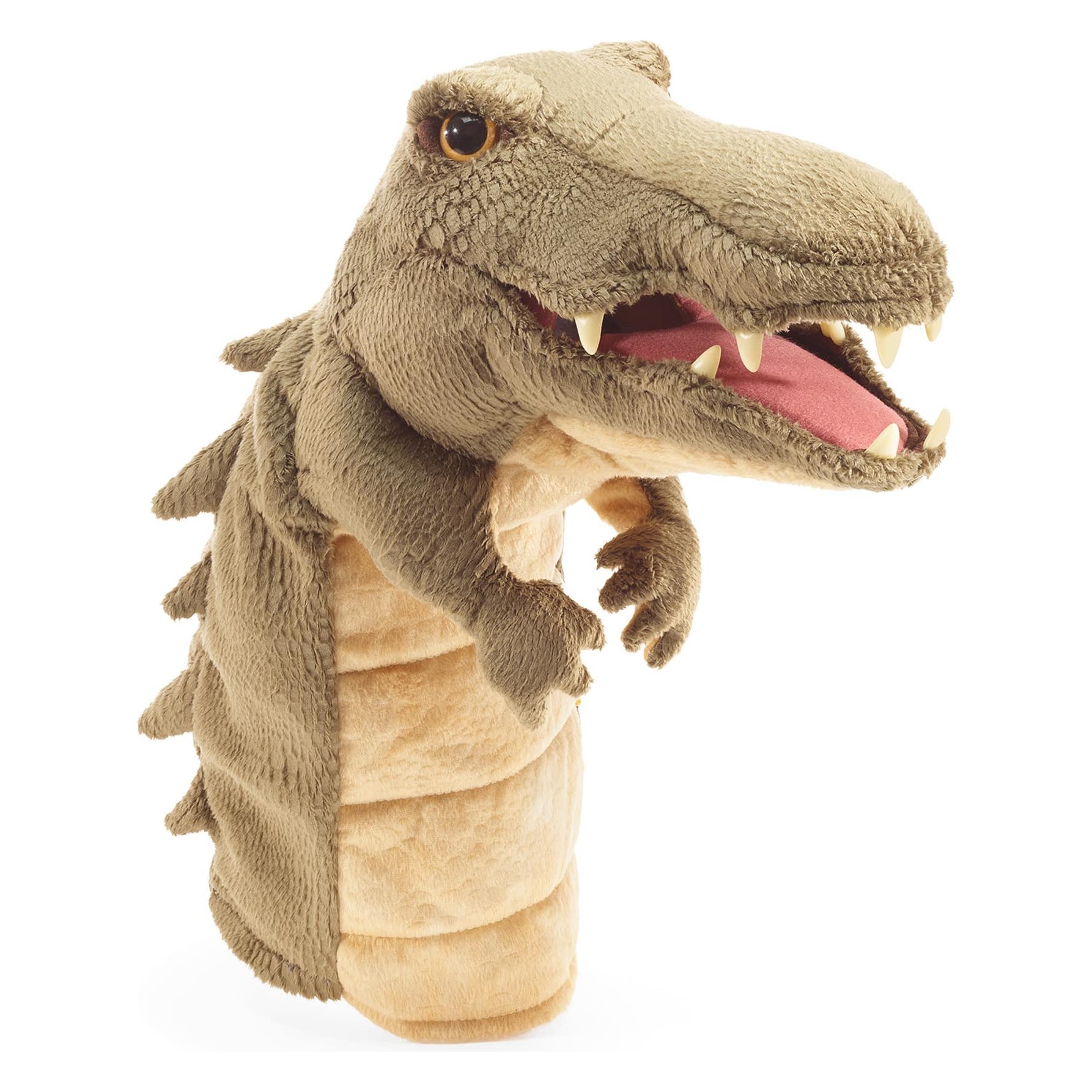 Folkmanis crocodile hand puppet in olive green with open mouth, visible teeth and textured scale surface, side view