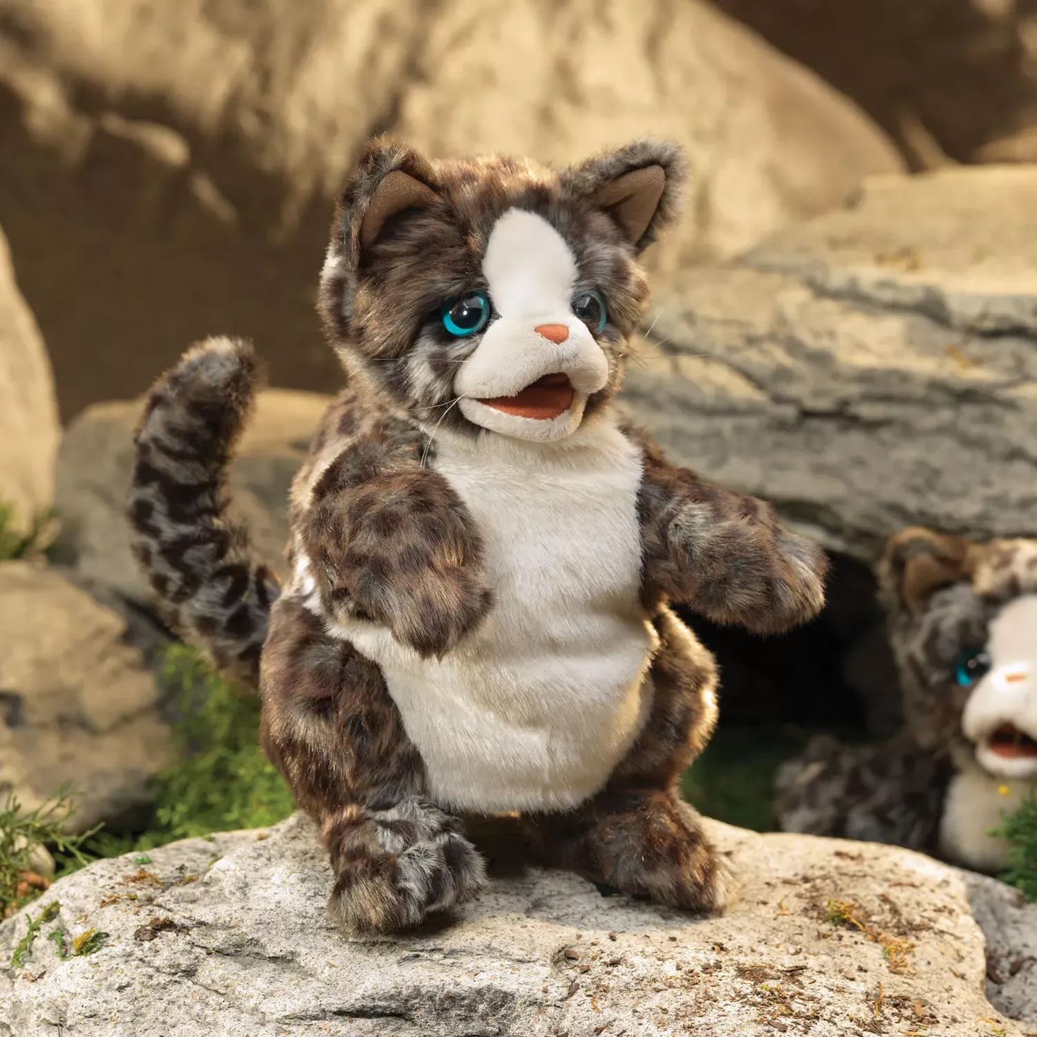 Folkmanis Handpuppe Wildkatzenbaby mit braunem Fleckenfell, weißem Bauch und türkisfarbenen Augen, stehend auf einem Felsen