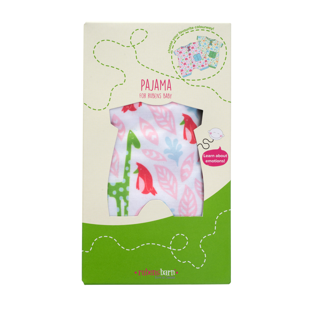 Packaging of the Pocket Friends pyjamas in pink by Rubens Barn with viewing window