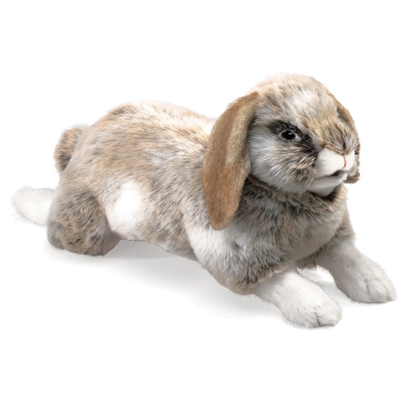 Folkmanis Holland Lop rabbit hand puppet in grey-brown with white accents, lying down in side view