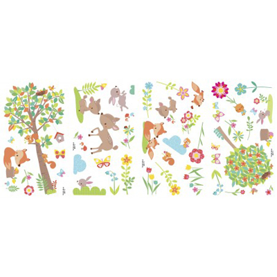 RoomMates Wandsticker Woodland Waldtiere, vier Klebebögen mit Waldtier-, Baum- und Blumenmotiven auf weißem Untergrund