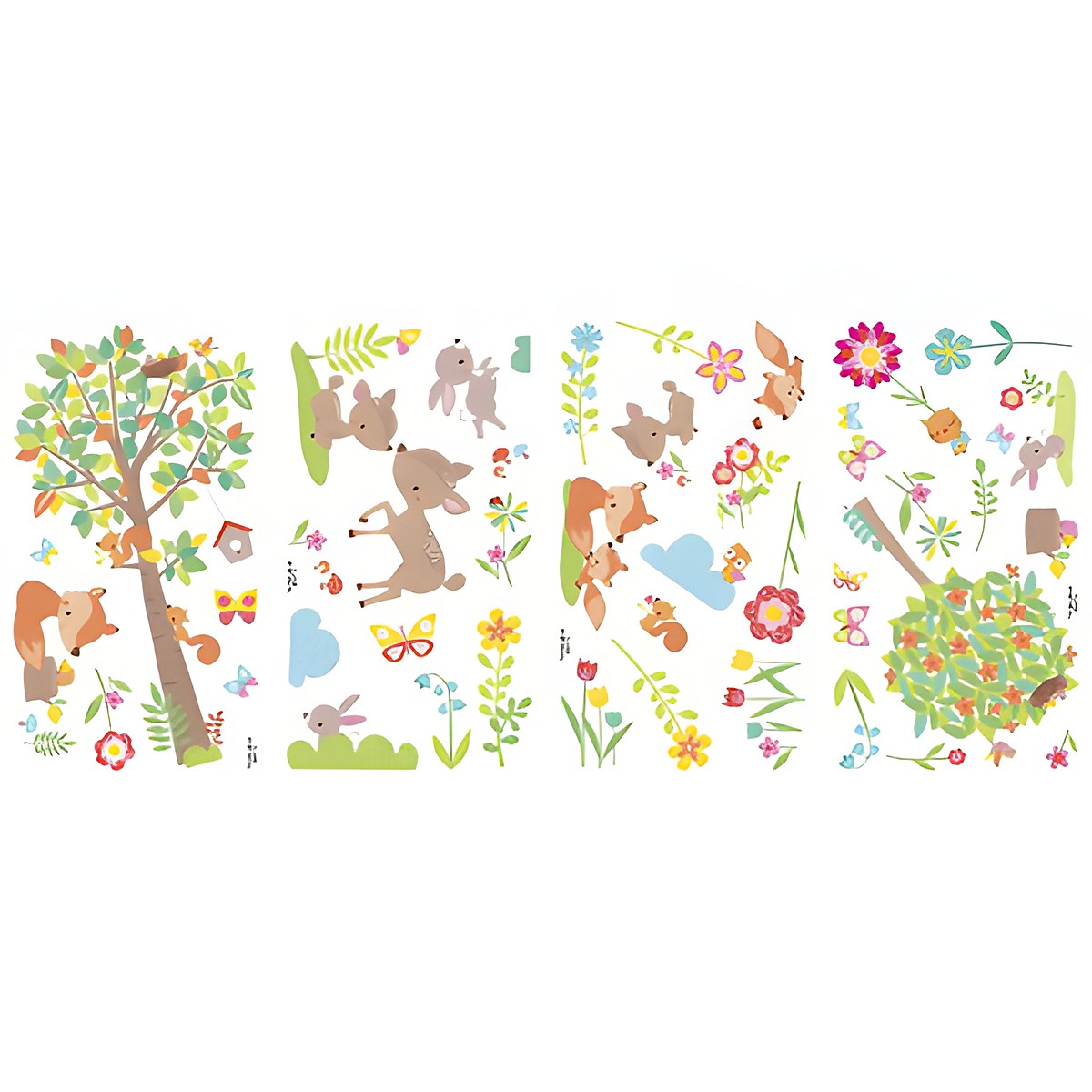 RoomMates Wandsticker Woodland Waldtiere, vier Klebebögen mit Waldtier-, Baum- und Blumenmotiven auf weißem Untergrund
