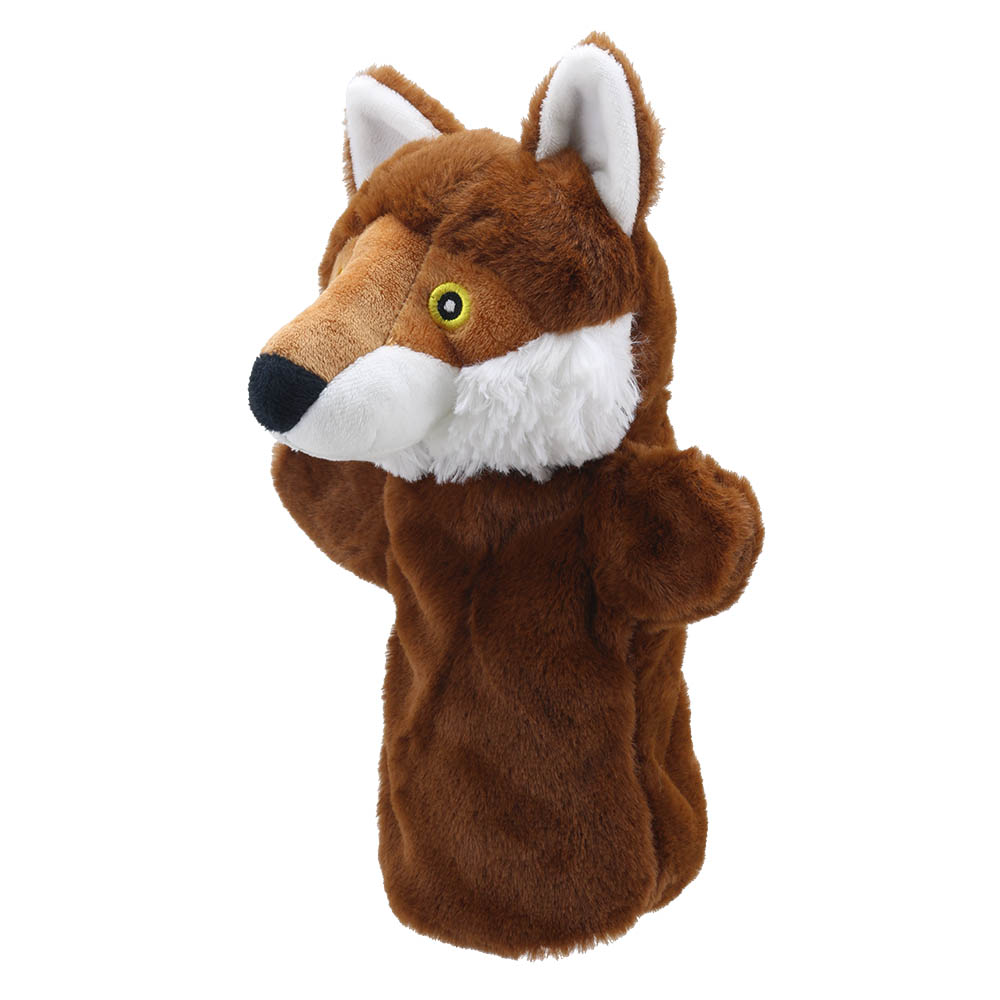 The Puppet Company baby hand puppet fox, front view with a white chest and pointed ears