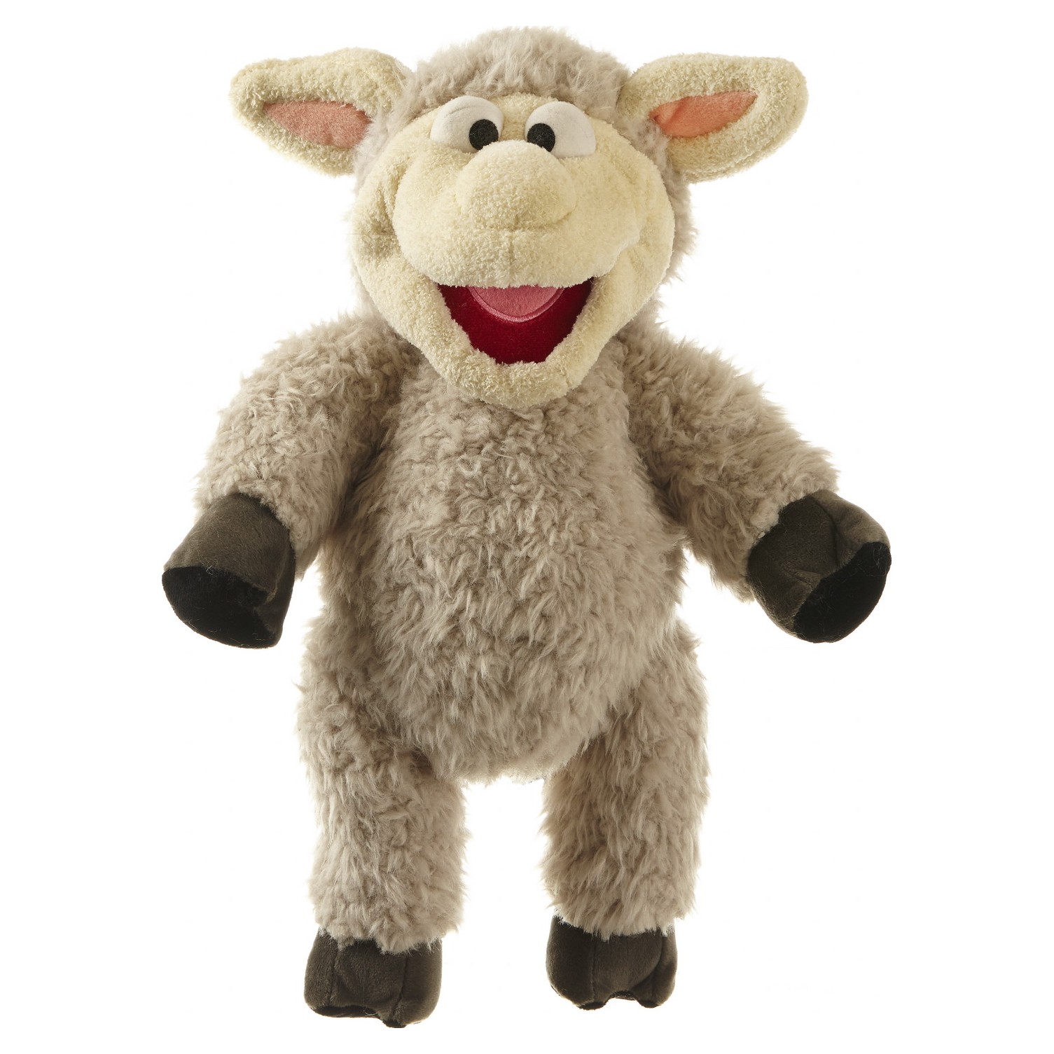 Living Puppets hand puppet Wolle the sheep from Sesame Street with light grey curly fur, pink ears and an open mouth, standing