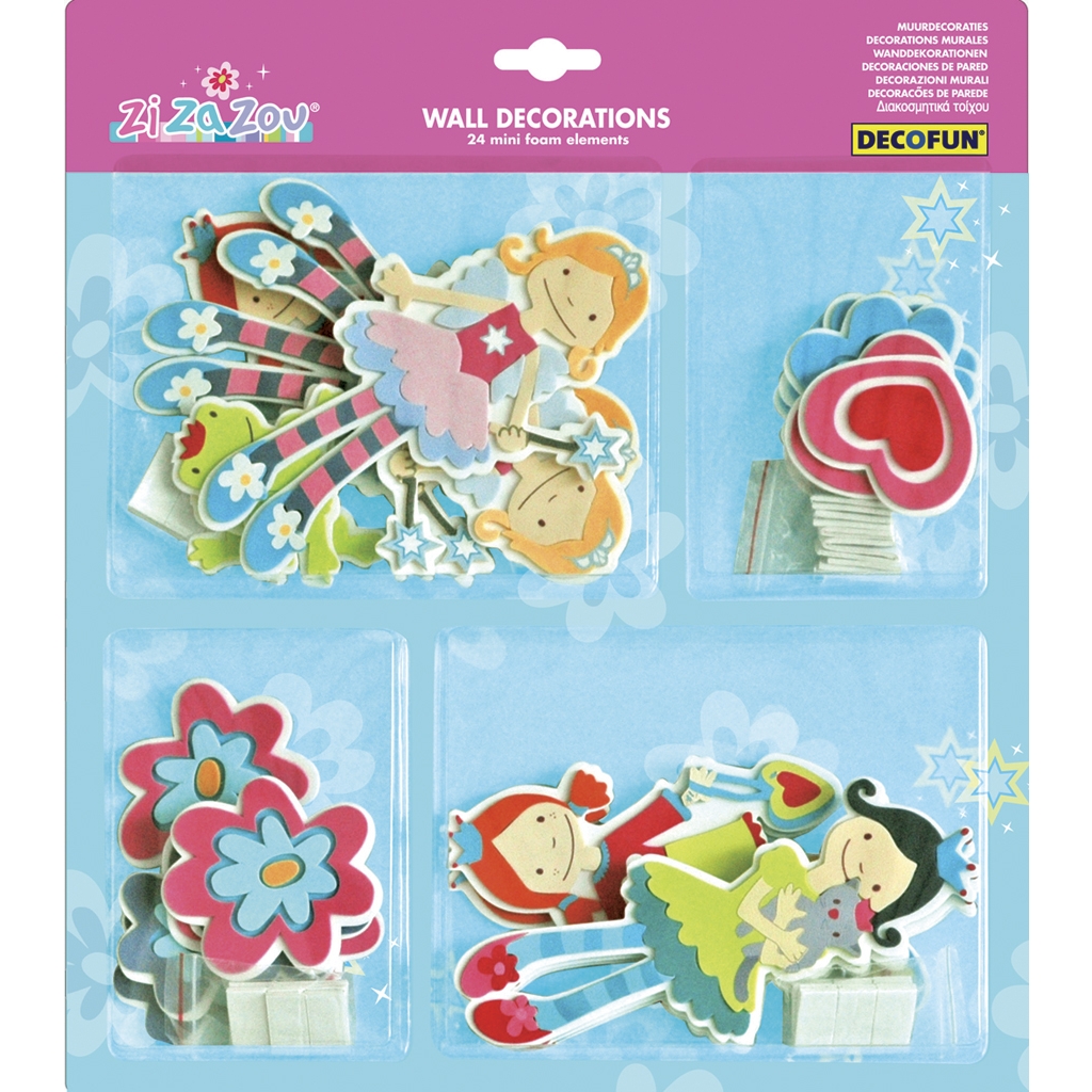 decofun mini wall decoration Zi Za Zou in packaging, 24 mini foam elements, fairies, flowers and hearts