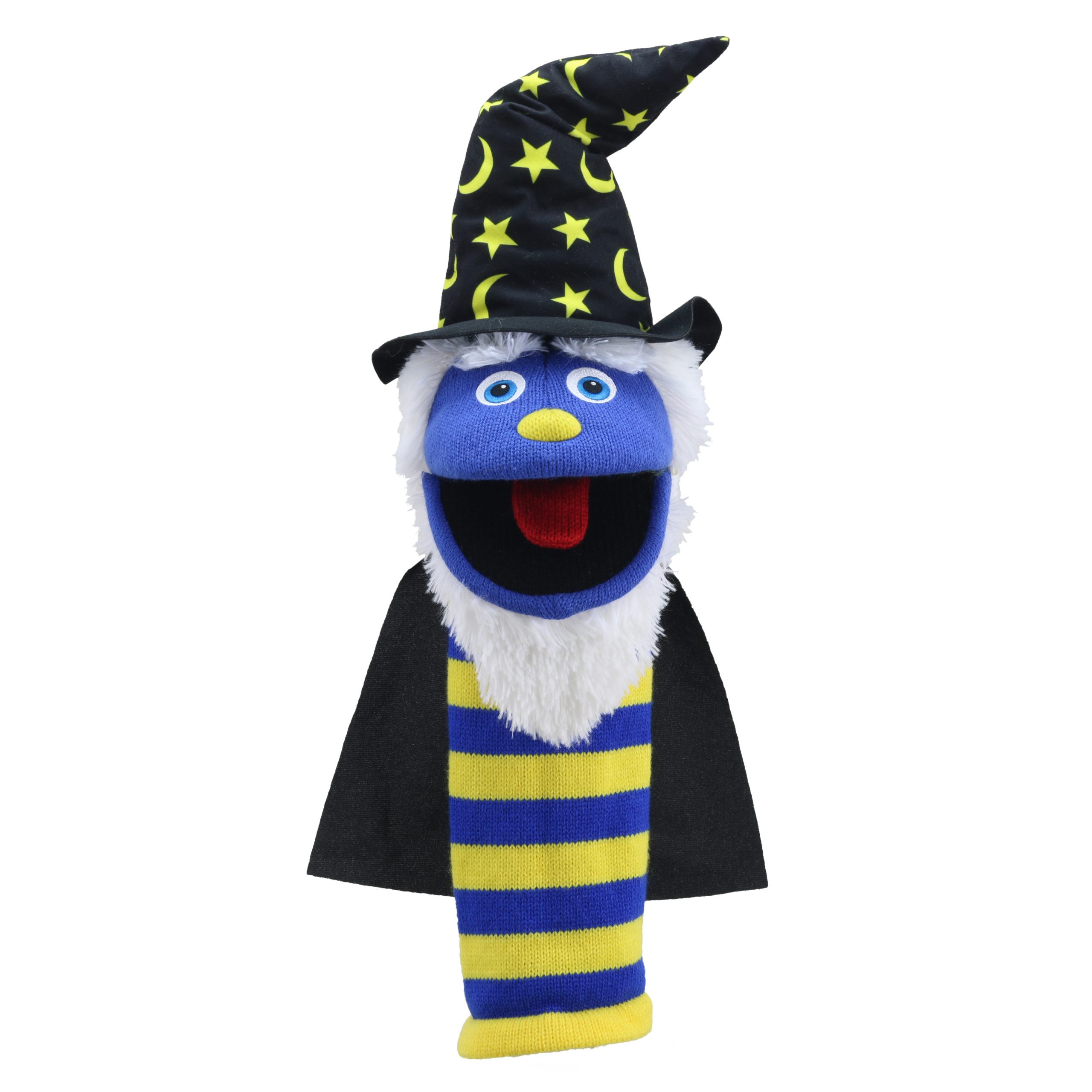 The Puppet Company Sockenhandpuppe Zauberer, blaues Monster mit Sternen-Zauberhut, schwarzem Umhang und weißem Bart