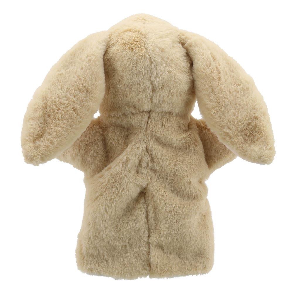 The Puppet Company baby hand puppet lop-eared rabbit, beige puppet seen from behind with two drooping ears, back view