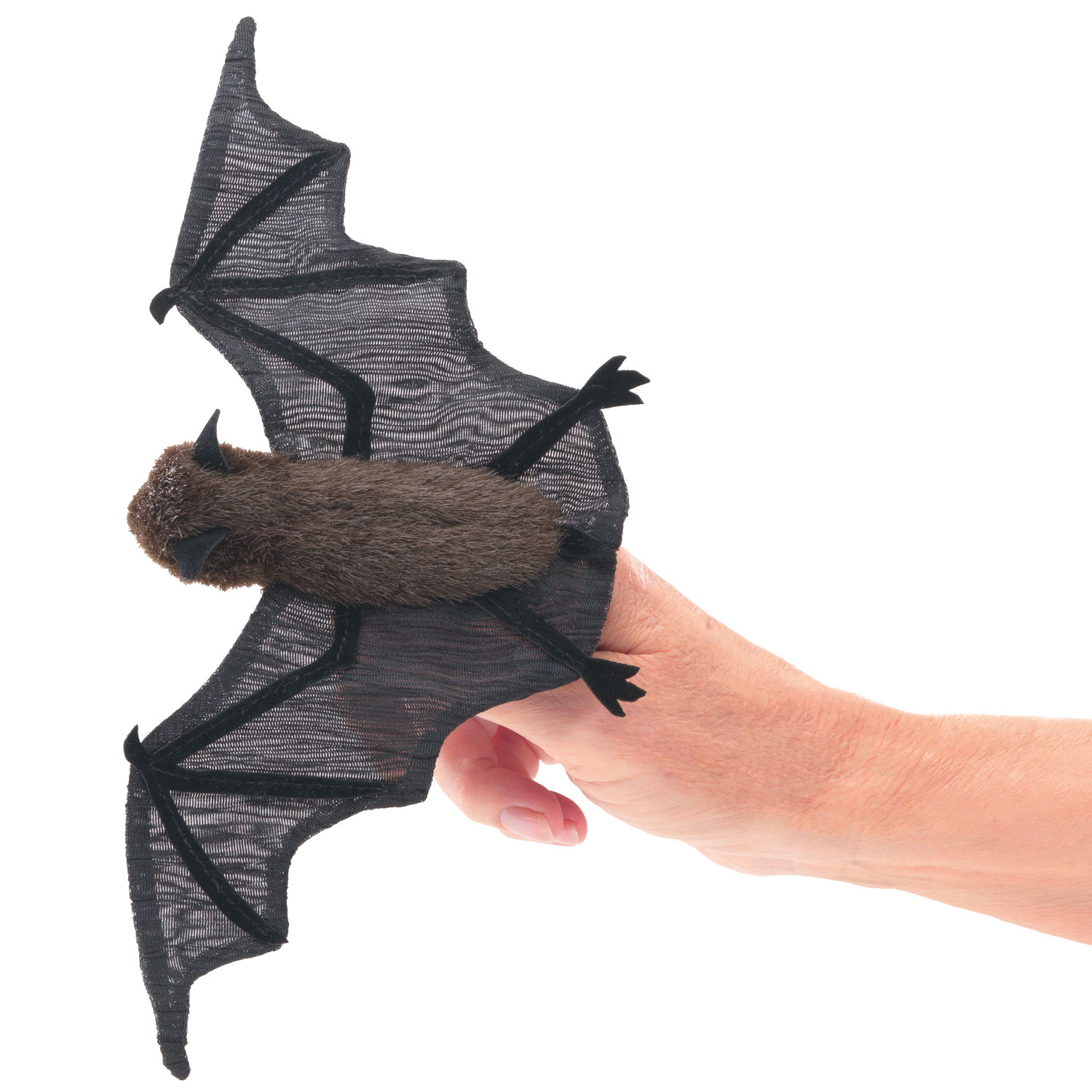 Folkmanis mini bat finger puppet with brown plush body and black mesh wings, worn on a finger, front view