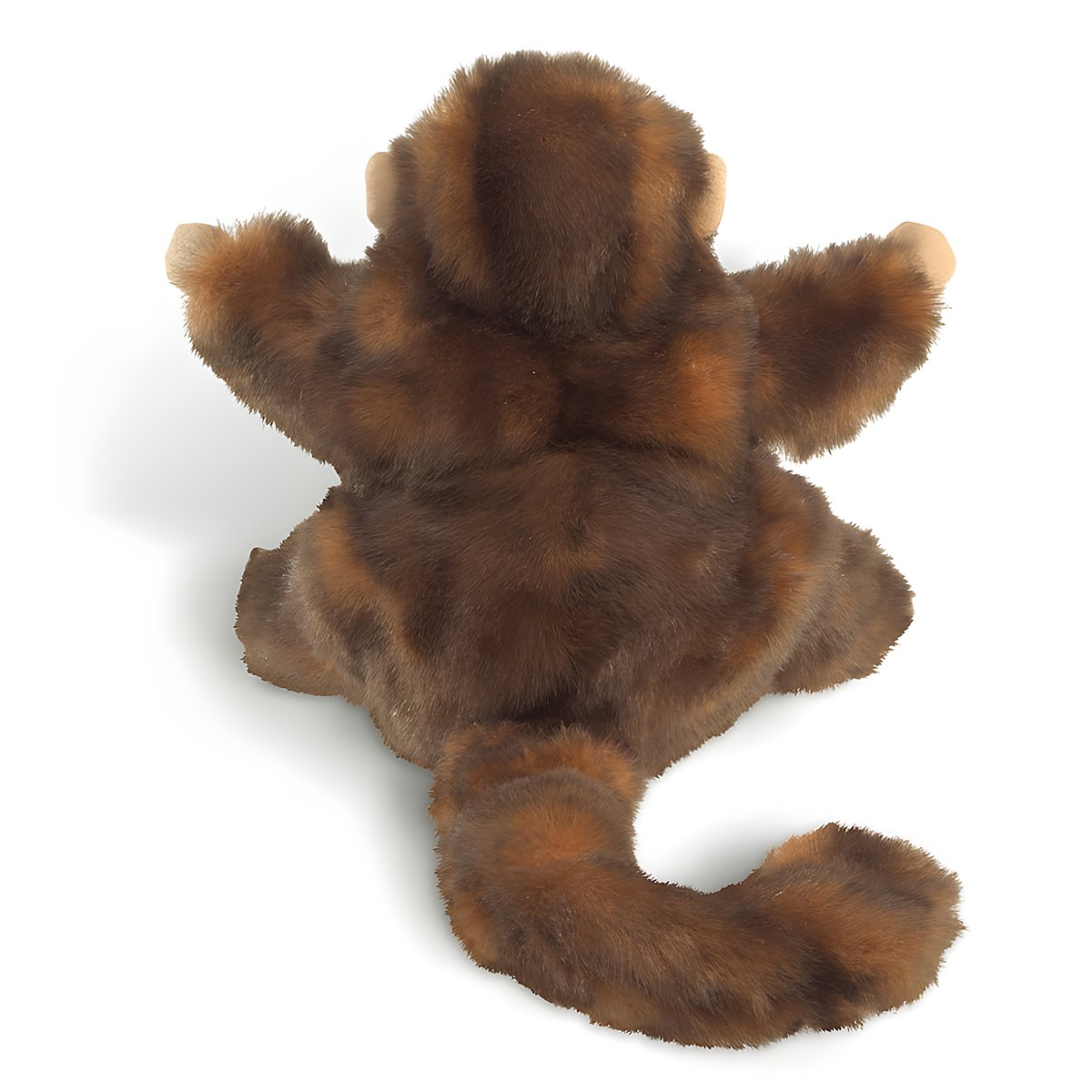 Folkmanis Affe Handpuppe von hinten: braun-meliertes Plüschfell, ausgestreckte Arme und langer geschwungener Schwanz.
