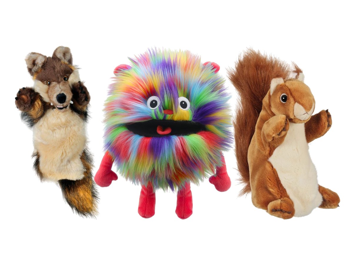 Handpuppen von The Puppet Company: Lang-Handpuppe Wolf, Baby-Monster und rotes Eichhörnchen
