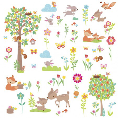 RoomMates Wandsticker Woodland Waldtiere, Klebebogen mit Baum-, Fuchs-, Reh- und Blütenmotiven auf weißem Untergrund