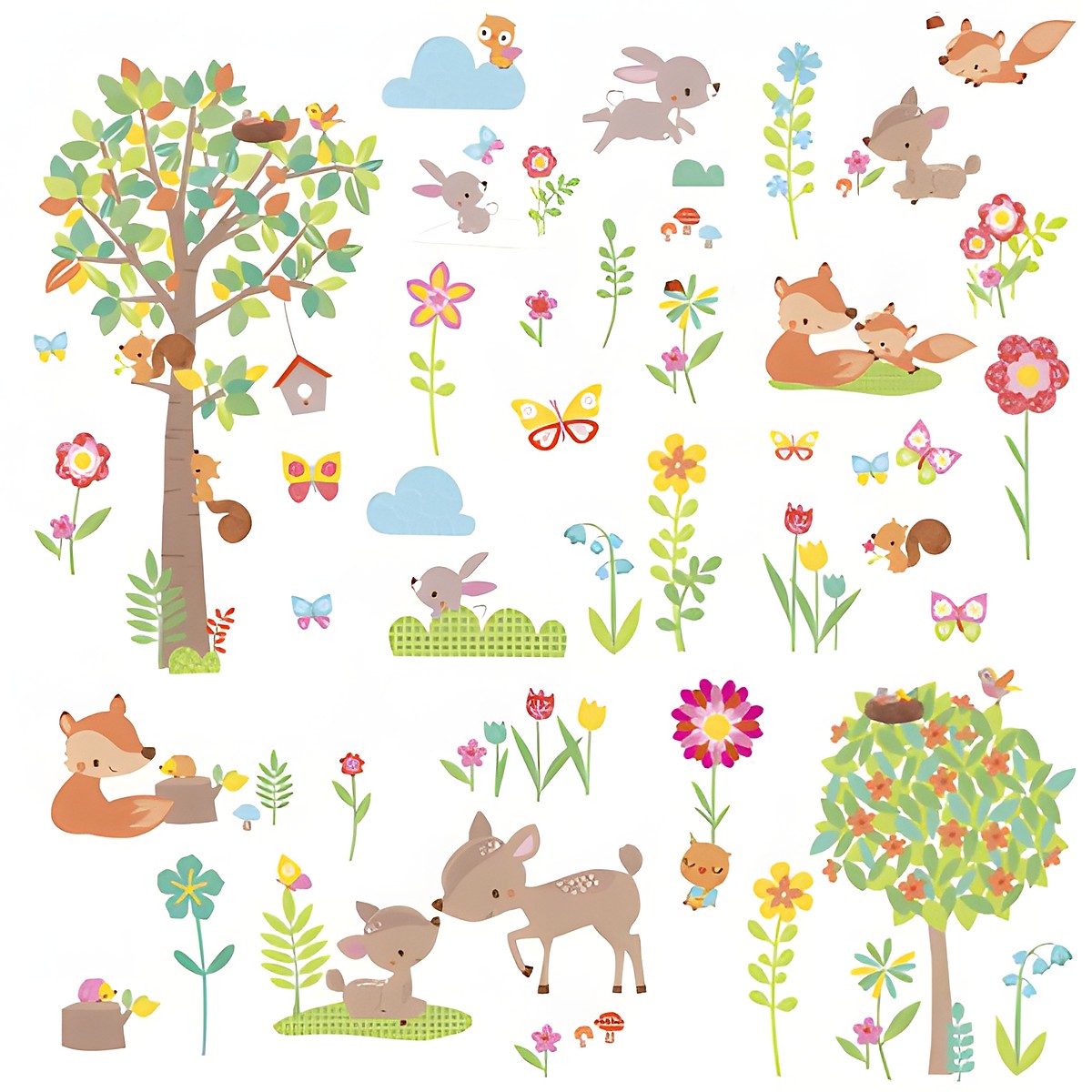 RoomMates Wandsticker Woodland Waldtiere, Klebebogen mit Baum-, Fuchs-, Reh- und Blütenmotiven auf weißem Untergrund