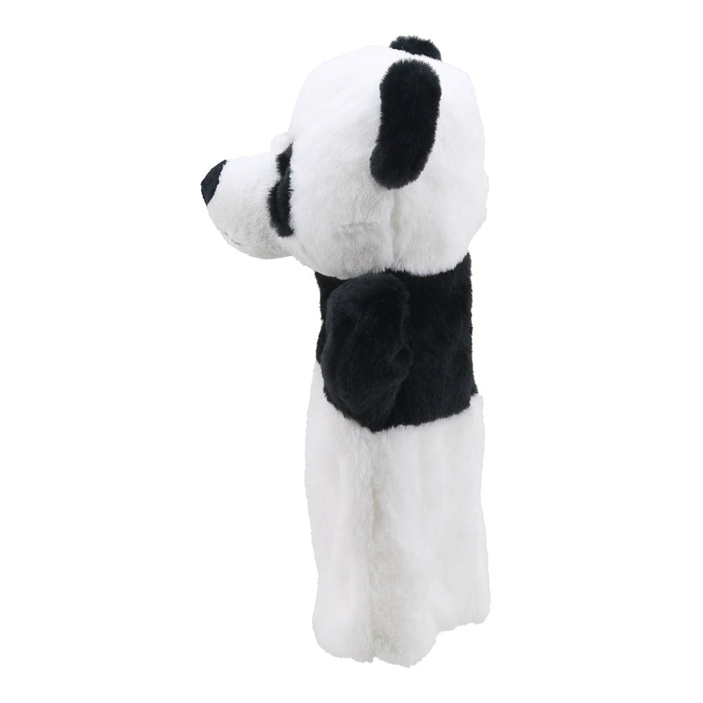 The Puppet Company Baby-Handpuppe Panda, weiße Handpuppe mit schwarzem Ohr und schwarzer Armbinde, Seitenansicht
