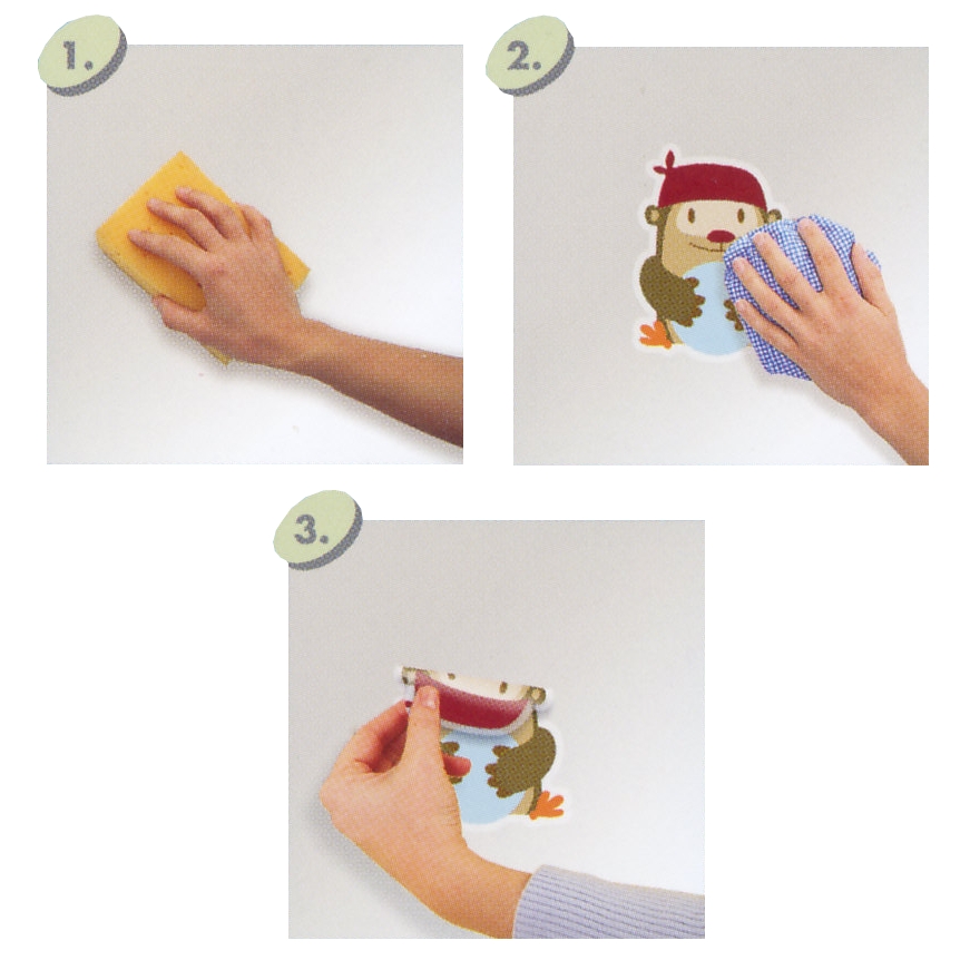 decofun Wandsticker Campside Anleitung, drei Schritte zum Anbringen des Eulen-Stickers an der Wand