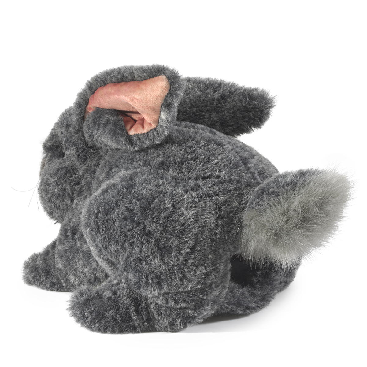 Folkmanis grey bunny hand puppet seen from behind, with a pink inner ear, fluffy tail and mottled plush fur
