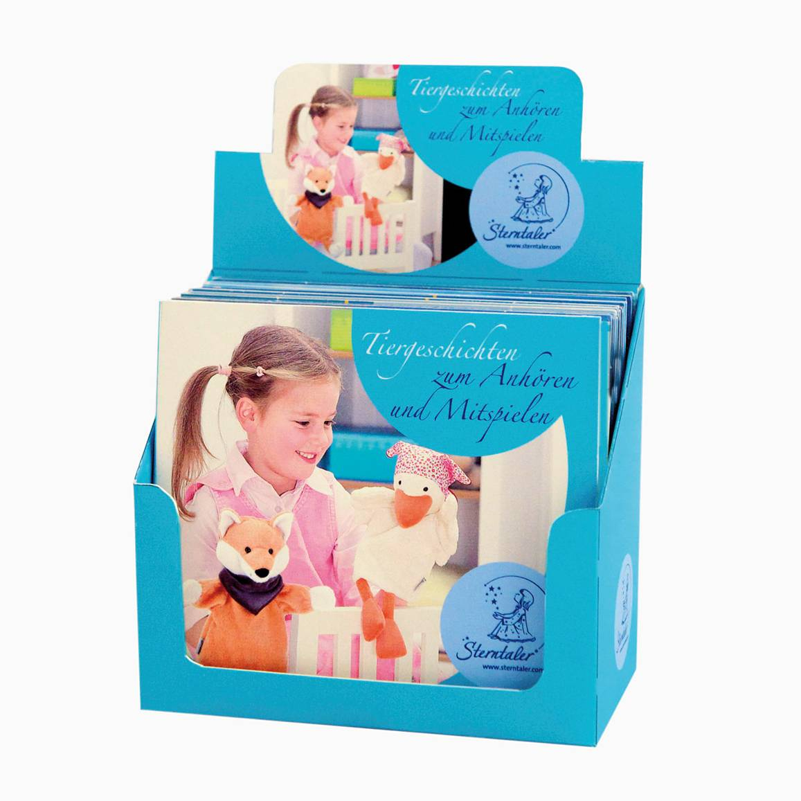 Sterntaler audio CD Tiergeschichten, turquoise packaging with a photo of a girl with goose and fox hand puppets