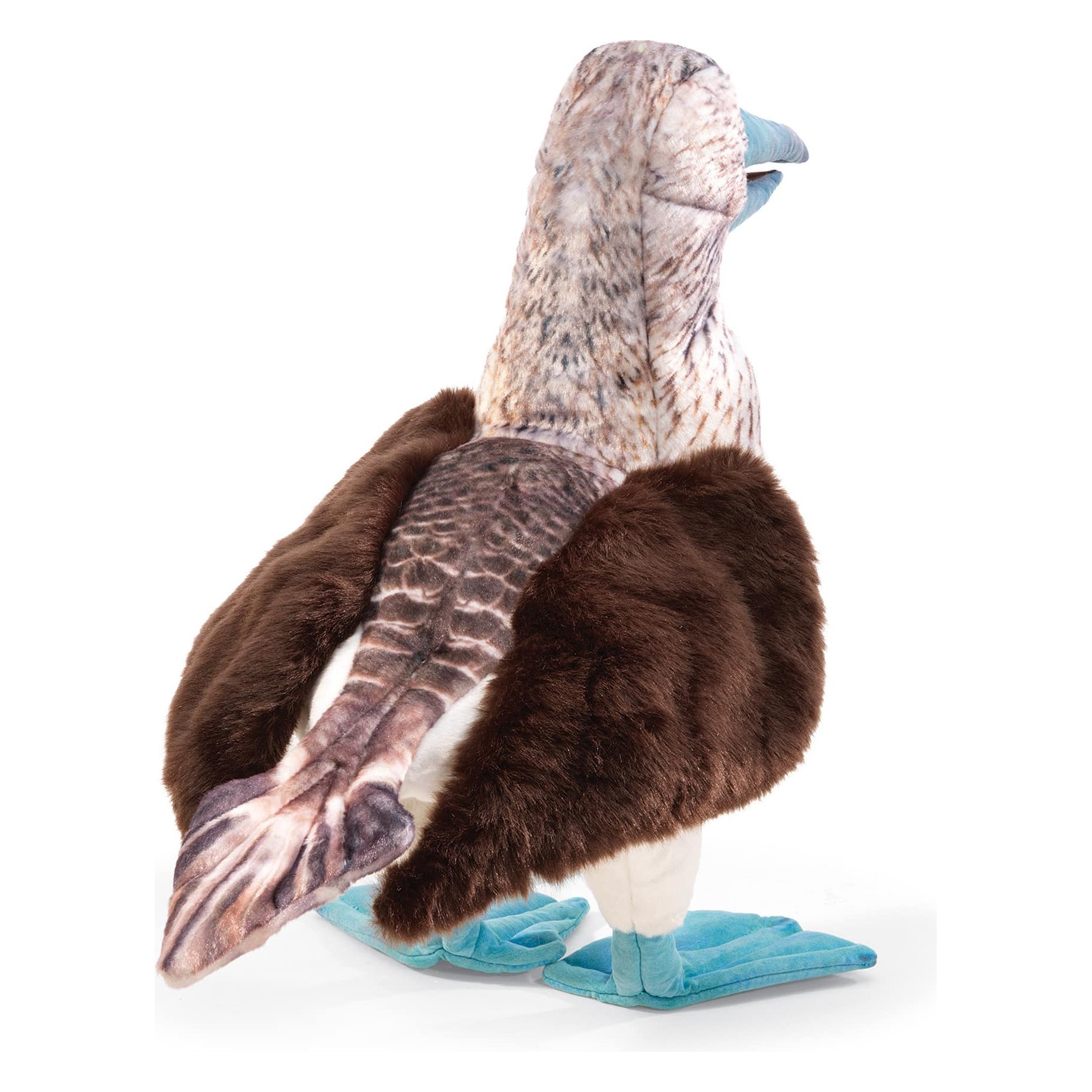 Folkmanis Handpuppe Blaufußtölpel mit türkisfarbenen Füßen, braunem Plüschgefieder und fotorealistisch bedrucktem Kopf, Schrägansicht