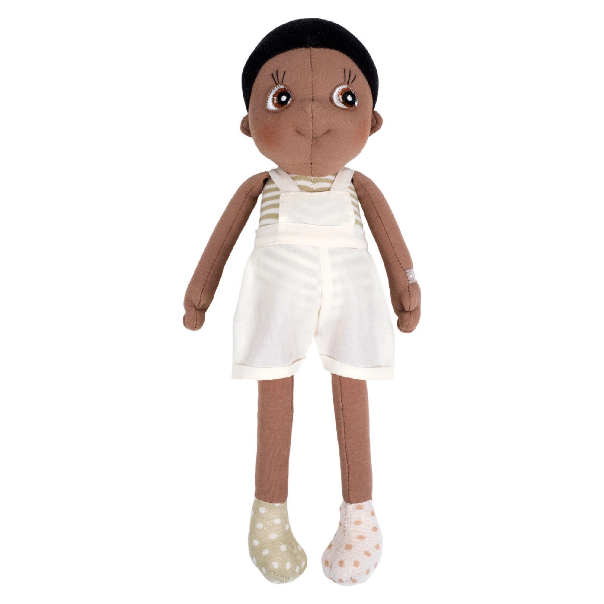 Rubens EcoBuds Puppe Fern mit schwarzem Haar, gestreiftem Top und weißen Latz-Shorts