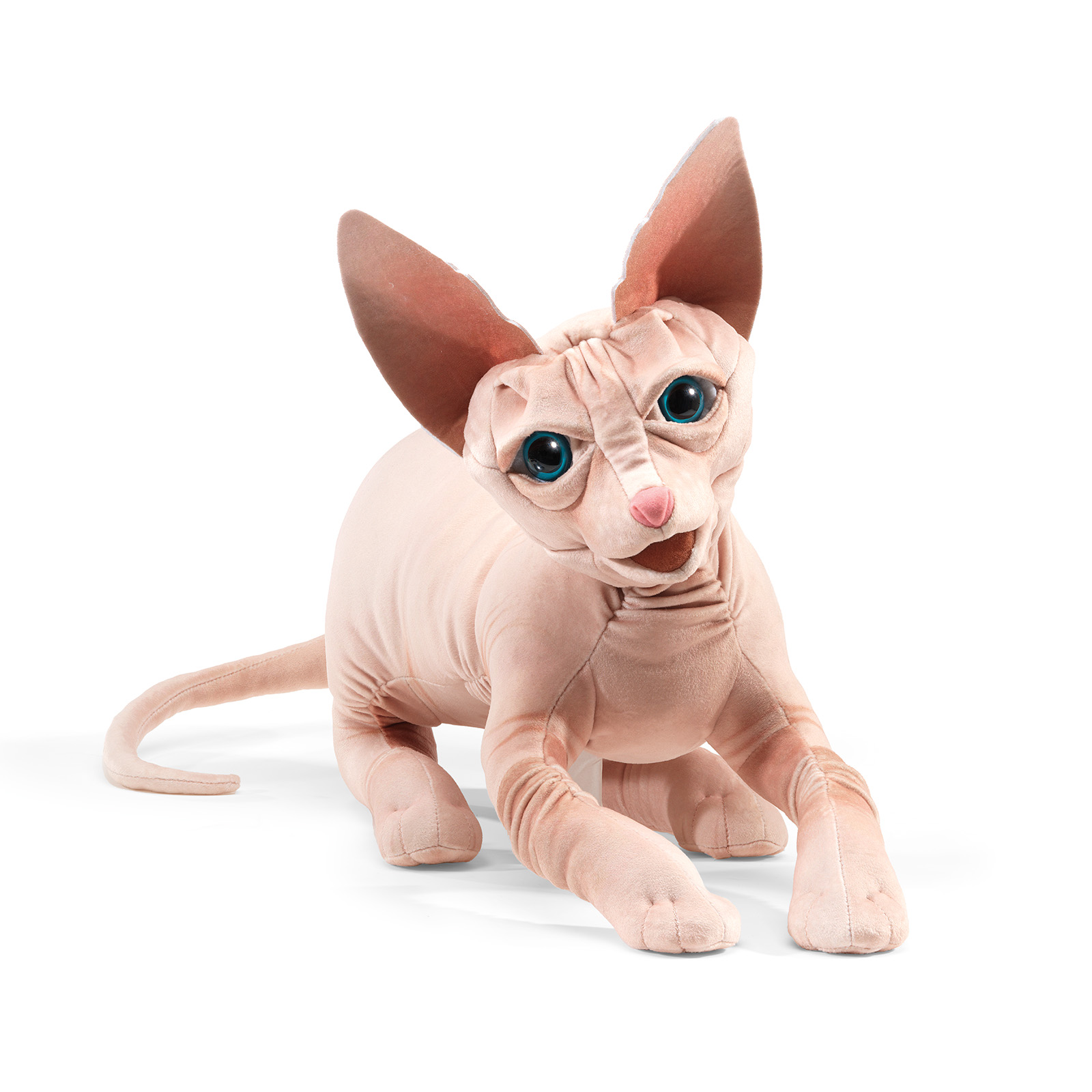 Folkmanis Sphinx cat hand puppet in a light skin tone with prominent ears, blue glass eyes, detailed sewn wrinkles, and a slightly forward-leaning pose