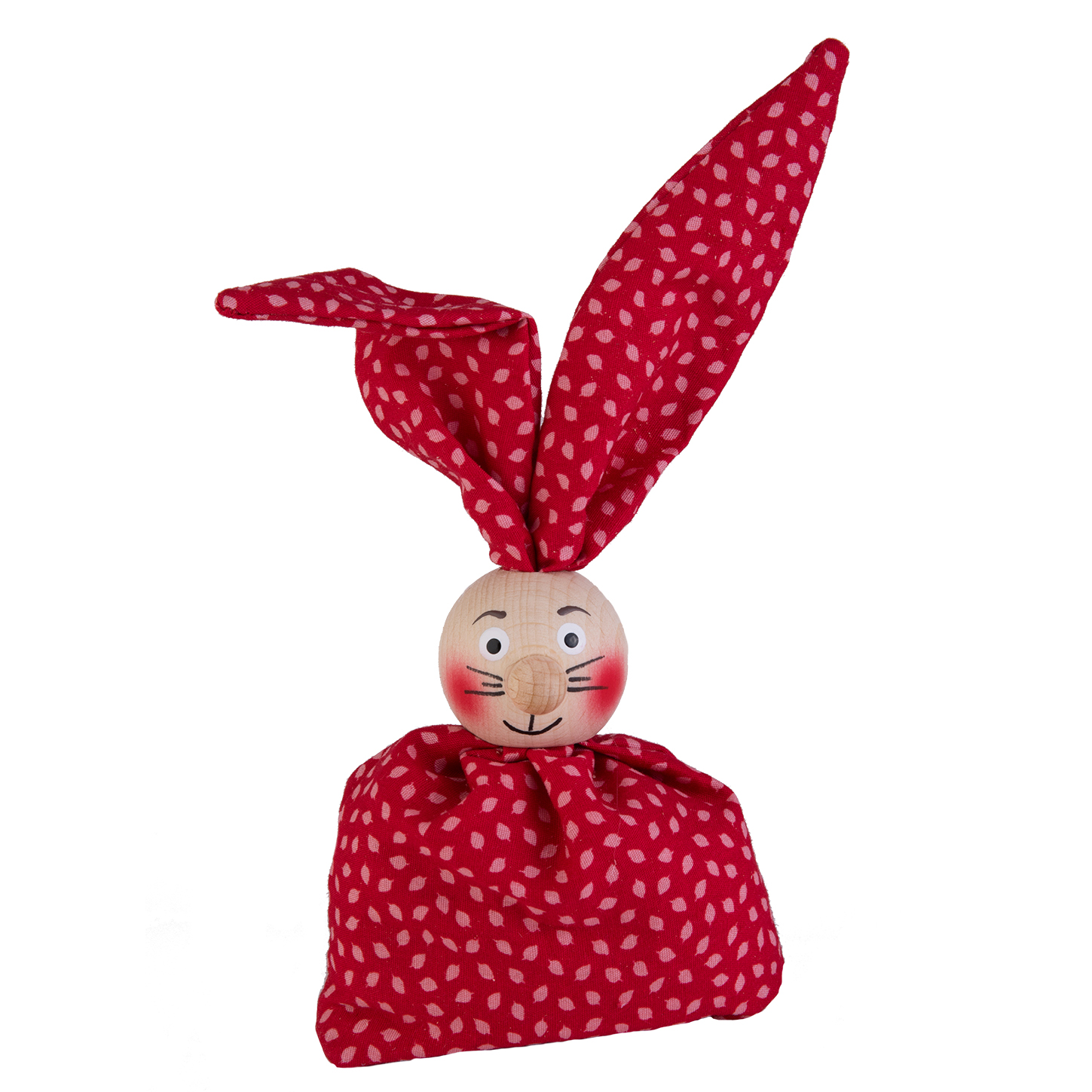 Kersa Einschlafhilfe Hase Hopsy, Zirbensäckchen mit rot-weiß gepunktetem Stoff und Holzkopf mit Hasenohren