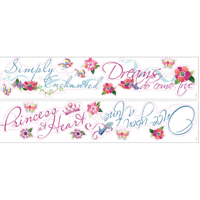 RoomMates Zitat-Wandsticker Disney Princess, zwei Klebebögen mit geschwungenen Schriftzügen und Blumenmotiven auf weißem Untergrund